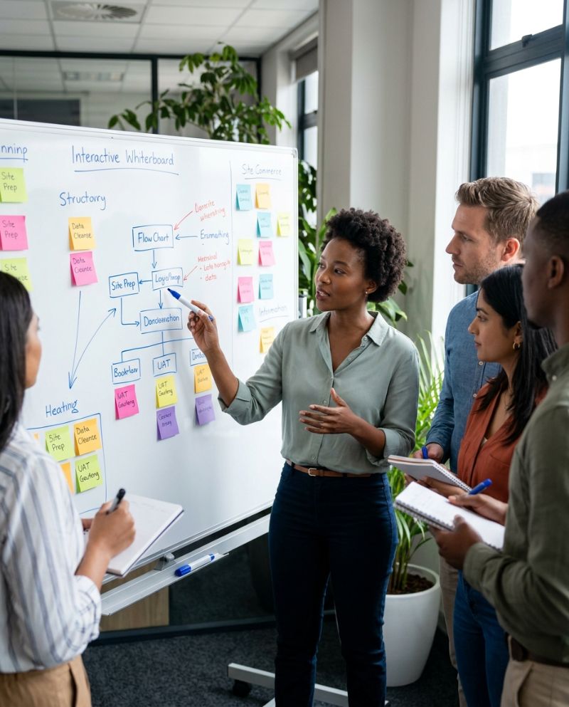 Team mapping a process on a whiteboard with sticky notes